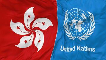 Hong Kong and United Nations, UN Flags Together Seamless Looping Background, Looped Bump Texture Cloth Waving Slow Motion, 3D Rendering video