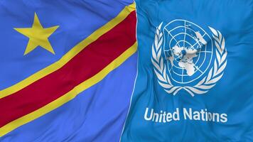 DR Congo and United Nations, UN Flags Together Seamless Looping Background, Looped Bump Texture Cloth Waving Slow Motion, 3D Rendering video