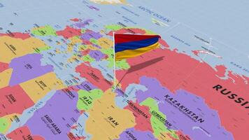 Armenia Flag Waving in Wind, World Map Rotating around Flag, Seamless Loop, 3D Rendering video