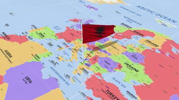 Albania Flag Waving in Wind, World Map Rotating around Flag, Seamless Loop, 3D Rendering video