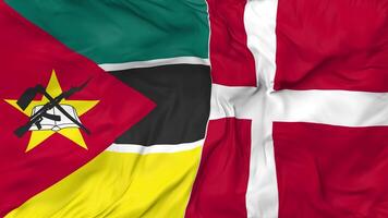 Dänemark und Mozambique Flaggen zusammen nahtlos Schleifen Hintergrund, geloopt stoßen Textur Stoff winken schleppend Bewegung, 3d Rendern video