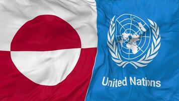 Greenland and United Nations, UN Flags Together Seamless Looping Background, Looped Bump Texture Cloth Waving Slow Motion, 3D Rendering video