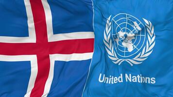 Iceland and United Nations, UN Flags Together Seamless Looping Background, Looped Bump Texture Cloth Waving Slow Motion, 3D Rendering video