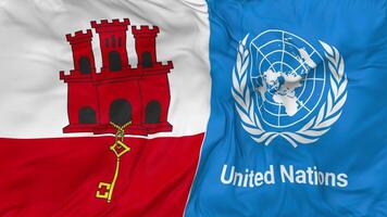 Gibraltar et uni nations, ONU drapeaux ensemble sans couture boucle arrière-plan, en boucle bosse texture tissu agitant lent mouvement, 3d le rendu video