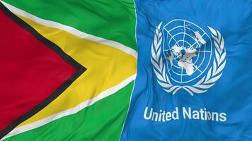 Guyana and United Nations, UN Flags Together Seamless Looping Background, Looped Bump Texture Cloth Waving Slow Motion, 3D Rendering video