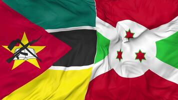 Burundi and Mozambique Flags Together Seamless Looping Background, Looped Bump Texture Cloth Waving Slow Motion, 3D Rendering video