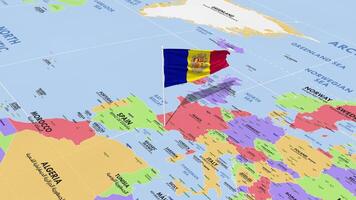 andorre drapeau agitant dans vent, monde carte tournant autour drapeau, sans couture boucle, 3d le rendu video