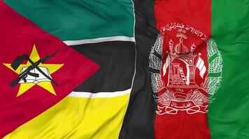 Afghanistan and Mozambique Flags Together Seamless Looping Background, Looped Bump Texture Cloth Waving Slow Motion, 3D Rendering video