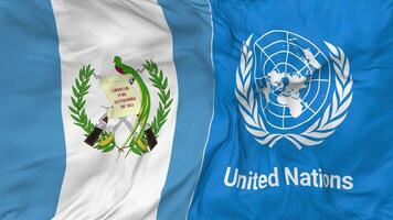 Guatemala et uni nations, ONU drapeaux ensemble sans couture boucle arrière-plan, en boucle bosse texture tissu agitant lent mouvement, 3d le rendu video