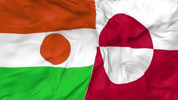 Groenland en Niger vlaggen samen naadloos looping achtergrond, lusvormige buil structuur kleding golvend langzaam beweging, 3d renderen video