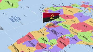 angola drapeau agitant dans vent, monde carte tournant autour drapeau, sans couture boucle, 3d le rendu video