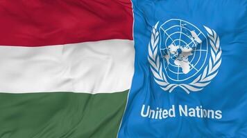 Hungary and United Nations, UN Flags Together Seamless Looping Background, Looped Bump Texture Cloth Waving Slow Motion, 3D Rendering video