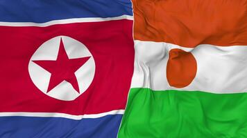 North Korea and Niger Flags Together Seamless Looping Background, Looped Bump Texture Cloth Waving Slow Motion, 3D Rendering video