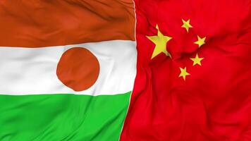 China and Niger Flags Together Seamless Looping Background, Looped Bump Texture Cloth Waving Slow Motion, 3D Rendering video