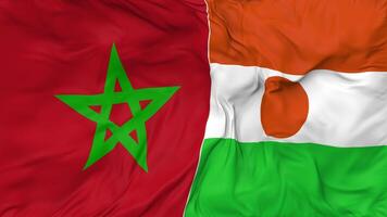Marruecos y Níger banderas juntos sin costura bucle fondo, serpenteado bache textura paño ondulación lento movimiento, 3d representación video
