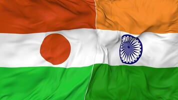 India y Níger banderas juntos sin costura bucle fondo, serpenteado bache textura paño ondulación lento movimiento, 3d representación video