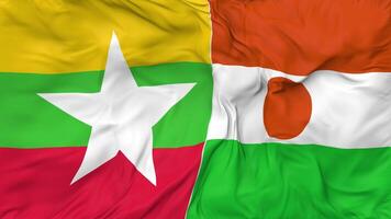 Myanmar, Burma and Niger Flags Together Seamless Looping Background, Looped Bump Texture Cloth Waving Slow Motion, 3D Rendering video