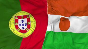 Portugal and Niger Flags Together Seamless Looping Background, Looped Bump Texture Cloth Waving Slow Motion, 3D Rendering video