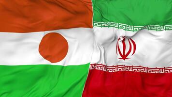 Iran and Niger Flags Together Seamless Looping Background, Looped Bump Texture Cloth Waving Slow Motion, 3D Rendering video
