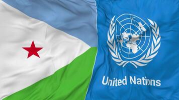Djibouti and United Nations, UN Flags Together Seamless Looping Background, Looped Bump Texture Cloth Waving Slow Motion, 3D Rendering video