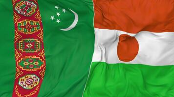 Turkmenistan and Niger Flags Together Seamless Looping Background, Looped Bump Texture Cloth Waving Slow Motion, 3D Rendering video