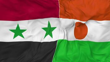 Síria e Níger bandeiras juntos desatado looping fundo, em loop colisão textura pano acenando lento movimento, 3d Renderização video