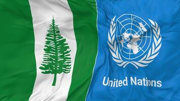 Territory of Norfolk Island and United Nations, UN Flags Together Seamless Looping Background, Looped Bump Texture Cloth Waving Slow Motion, 3D Rendering video