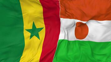 Senegal y Níger banderas juntos sin costura bucle fondo, serpenteado bache textura paño ondulación lento movimiento, 3d representación video