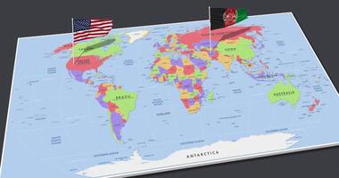 afghanistan et uni États drapeau agitant avec le 3d monde carte, sans couture boucle dans vent, 3d le rendu video