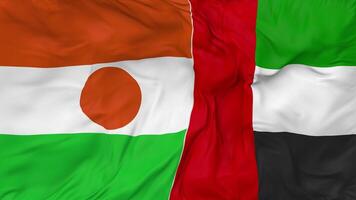 unido árabe emiratos y Níger banderas juntos sin costura bucle fondo, serpenteado bache textura paño ondulación lento movimiento, 3d representación video