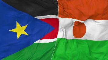 South Sudan and Niger Flags Together Seamless Looping Background, Looped Bump Texture Cloth Waving Slow Motion, 3D Rendering video