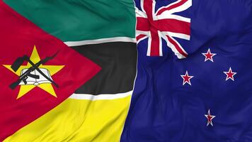nuevo Zelanda y Mozambique banderas juntos sin costura bucle fondo, serpenteado bache textura paño ondulación lento movimiento, 3d representación video