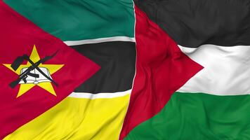 Palestine and Mozambique Flags Together Seamless Looping Background, Looped Bump Texture Cloth Waving Slow Motion, 3D Rendering video
