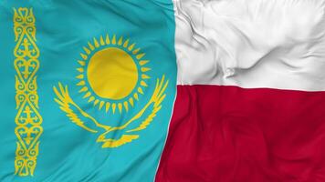 Kazajstán y Polonia banderas juntos sin costura bucle fondo, serpenteado bache textura paño ondulación lento movimiento, 3d representación video