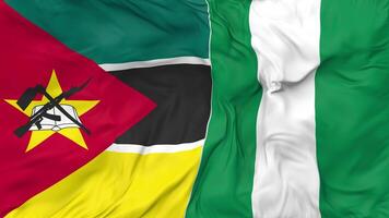 Nigeria and Mozambique Flags Together Seamless Looping Background, Looped Bump Texture Cloth Waving Slow Motion, 3D Rendering video