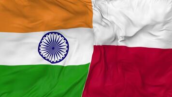 India and Poland Flags Together Seamless Looping Background, Looped Bump Texture Cloth Waving Slow Motion, 3D Rendering video