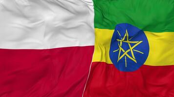 Ethiopia and Poland Flags Together Seamless Looping Background, Looped Bump Texture Cloth Waving Slow Motion, 3D Rendering video