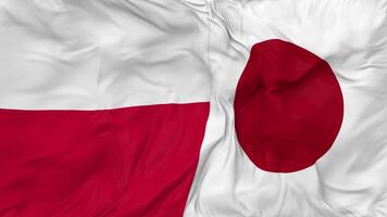 Japón y Polonia banderas juntos sin costura bucle fondo, serpenteado bache textura paño ondulación lento movimiento, 3d representación video