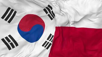 Sud Corea e Polonia bandiere insieme senza soluzione di continuità looping sfondo, loop urto struttura stoffa agitando lento movimento, 3d interpretazione video