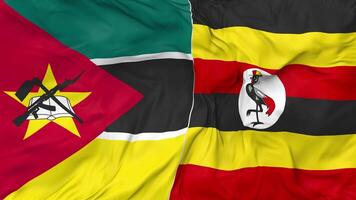 Uganda and Mozambique Flags Together Seamless Looping Background, Looped Bump Texture Cloth Waving Slow Motion, 3D Rendering video