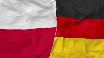 Alemania y Polonia banderas juntos sin costura bucle fondo, serpenteado bache textura paño ondulación lento movimiento, 3d representación video