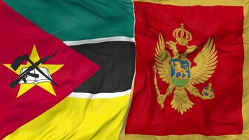 Montenegro and Mozambique Flags Together Seamless Looping Background, Looped Bump Texture Cloth Waving Slow Motion, 3D Rendering video