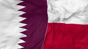 Katar y Polonia banderas juntos sin costura bucle fondo, serpenteado bache textura paño ondulación lento movimiento, 3d representación video