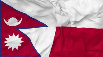 Nepal en Polen vlaggen samen naadloos looping achtergrond, lusvormige buil structuur kleding golvend langzaam beweging, 3d renderen video