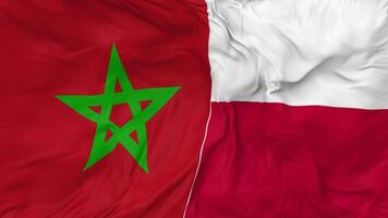 Marokko en Polen vlaggen samen naadloos looping achtergrond, lusvormige buil structuur kleding golvend langzaam beweging, 3d renderen video