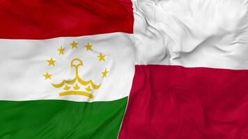 Tayikistán y Polonia banderas juntos sin costura bucle fondo, serpenteado bache textura paño ondulación lento movimiento, 3d representación video