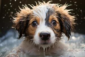 ai generado jabonoso perrito perro espuma champú baño. generar ai foto