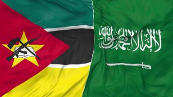 ksa, Royaume de saoudien Saoudite et mozambique drapeaux ensemble sans couture boucle arrière-plan, en boucle bosse texture tissu agitant lent mouvement, 3d le rendu video