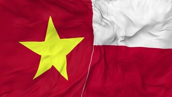 Vietnam und Polen Flaggen zusammen nahtlos Schleifen Hintergrund, geloopt stoßen Textur Stoff winken schleppend Bewegung, 3d Rendern video
