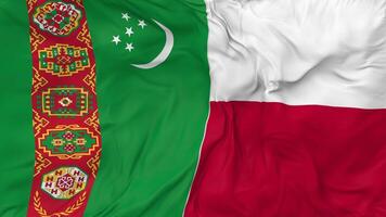 Turkmenistan and Poland Flags Together Seamless Looping Background, Looped Bump Texture Cloth Waving Slow Motion, 3D Rendering video